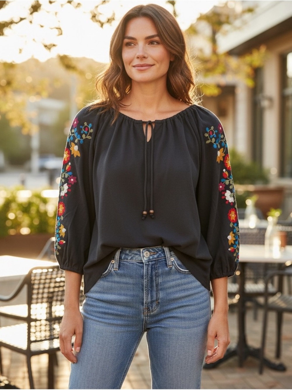 Black Embroidered Peasant Blouse with Balloon Sleeves
